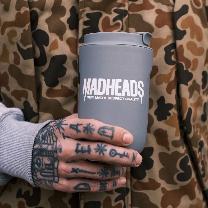 Gray thermal mug “Stay Mad & Respect Quality”