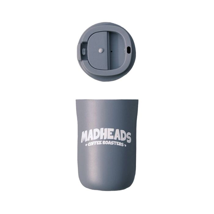 Gray thermal mug “Mad Heads coffee roasters”